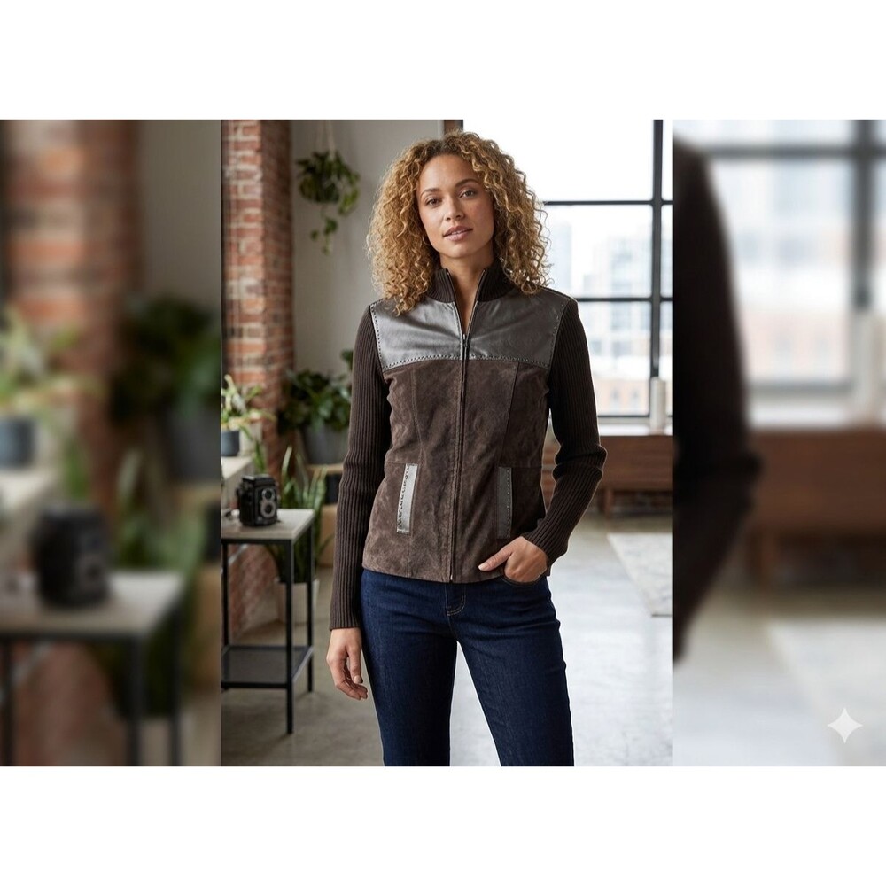 Women M Brown Suede Leather Mixed Material Jacket Full Zip Knit Back Rustic Chic